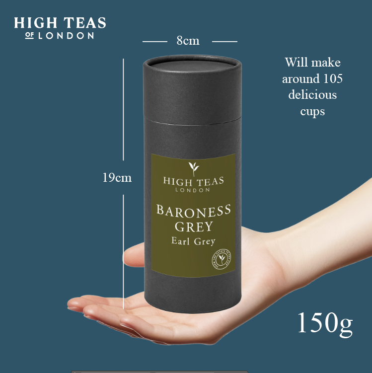Loose leaf Baroness Grey Blend tea from High Teas, showing a close-up of the aromatic grey tea leaves in a jar.