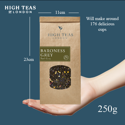 High Teas Baroness Grey Blend loose leaf tea in a clear glass jar with tea leaves visible inside.