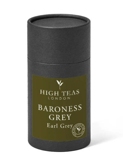 High Teas Baroness Grey Blend loose leaf tea in a clear glass jar with grey and silver packaging.