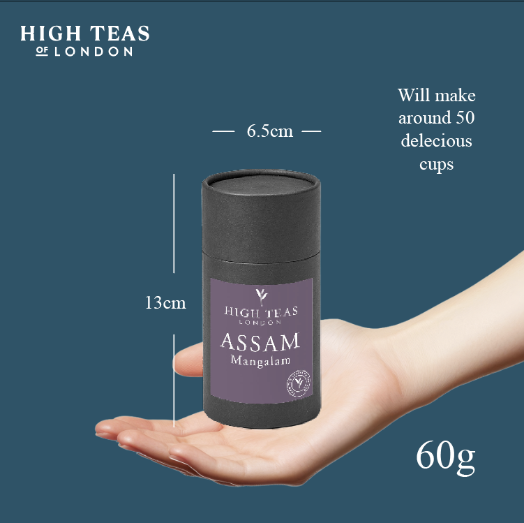 Assam Mangalam FTGFOP1 tea leaves from High Teas, showcasing premium golden tip Assam tea in a clear container.