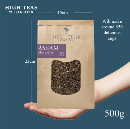 Assam Mangalam FTGFOP1 tea leaves from High Teas, showcasing dry golden-orange whole leaves and tips.