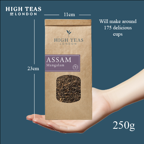 Assam Mangalam FTGFOP1 tea leaves from High Teas, showcasing the rich, golden-brown dried tea leaves in a close-up image.