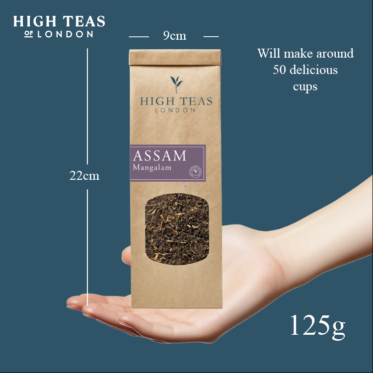 Assam Mangalam FTGFOP1 tea leaves from High Teas, showcasing dried whole tea leaves in a close-up view.