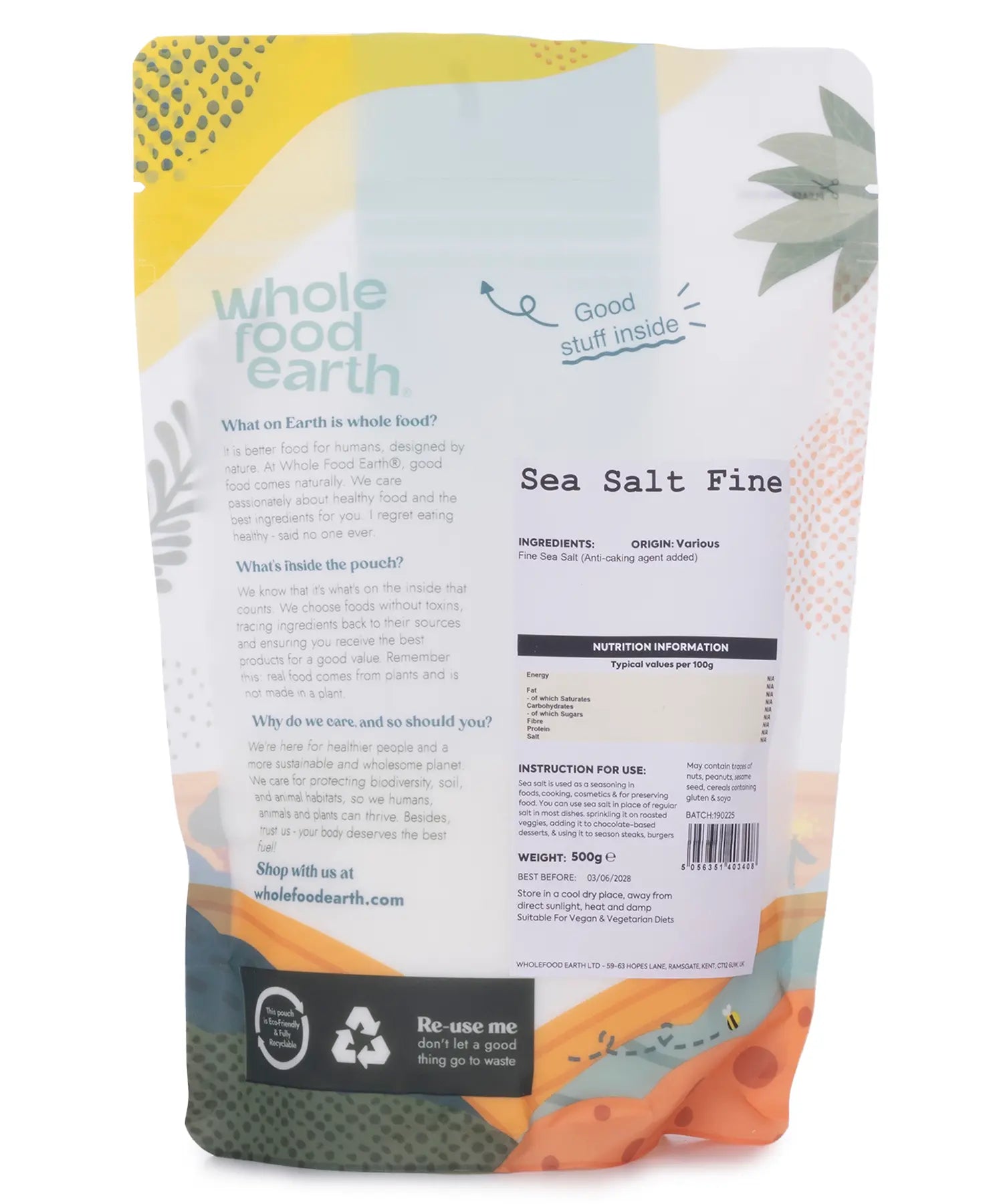 Fine sea salt from Whole Food Earth, mineral-rich crystalline salt in a 500g package, natural and unrefined.