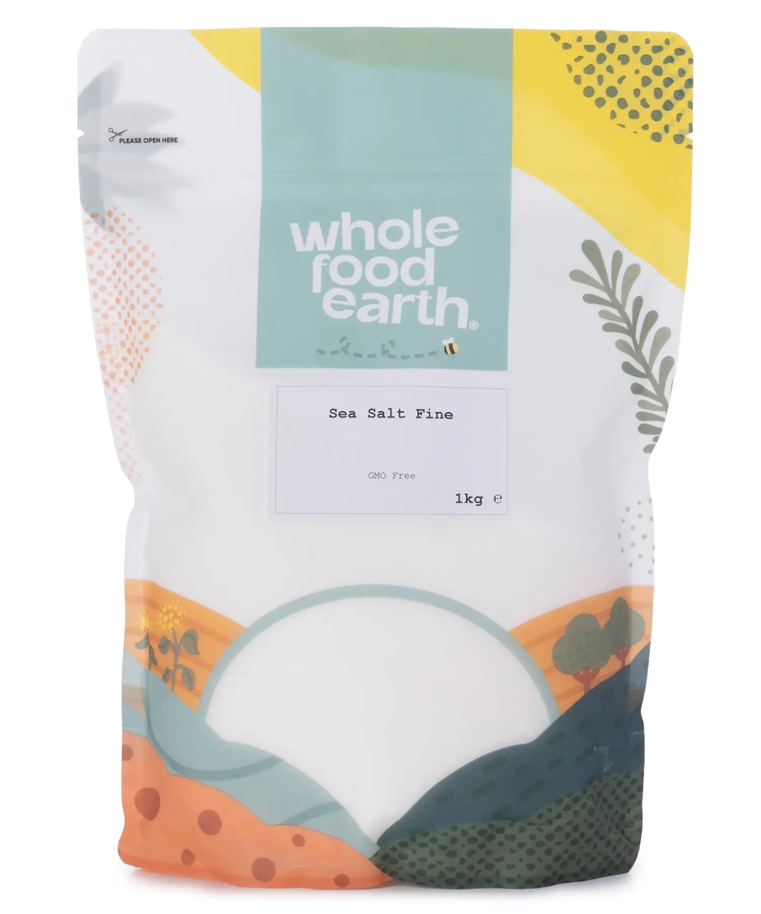 Fine sea salt mineral from Whole Food Earth, showing white crystalline grains in a 1kg package.
