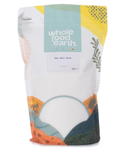Fine sea salt from Whole Food Earth, mineral-rich and pure, shown in a clear image of the 2kg salt package.
