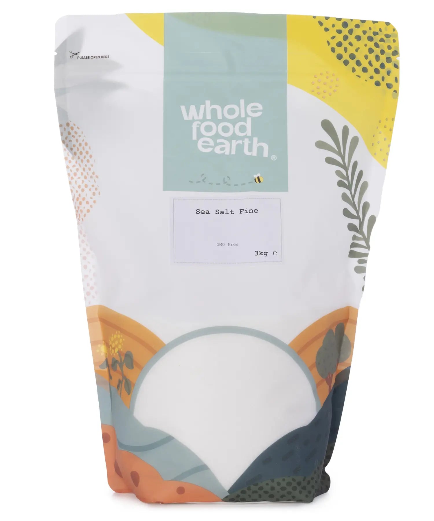 Fine sea salt from Whole Food Earth, natural minerals and salts, image shows a 3kg bag of premium sea salt.