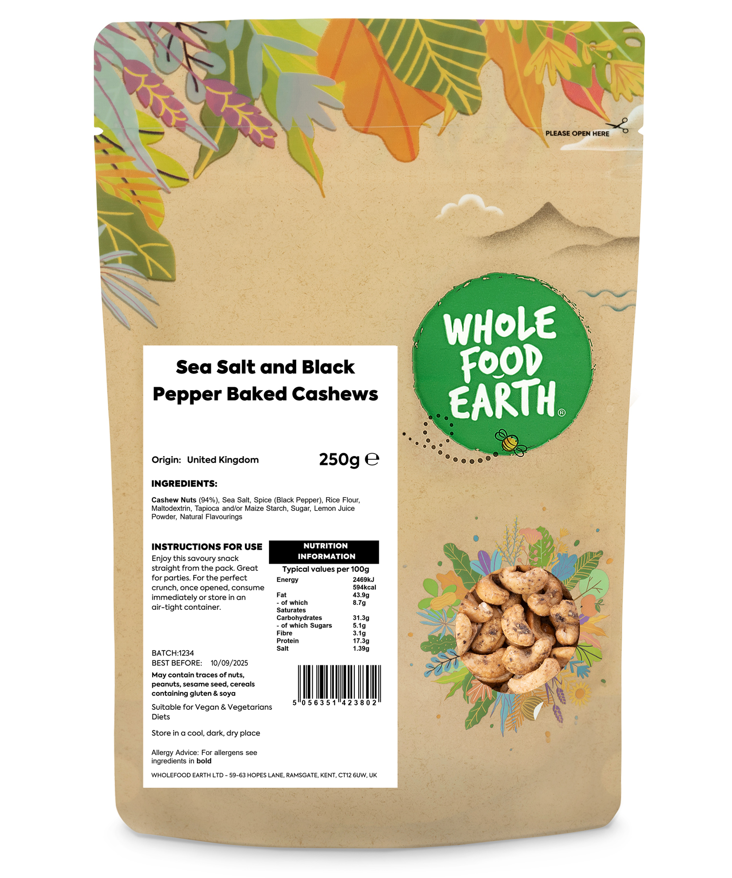 Bowl of Whole Food Earth Sea Salt and Black Pepper Baked Cashews in a 250g package, showcasing seasoned roasted nuts.