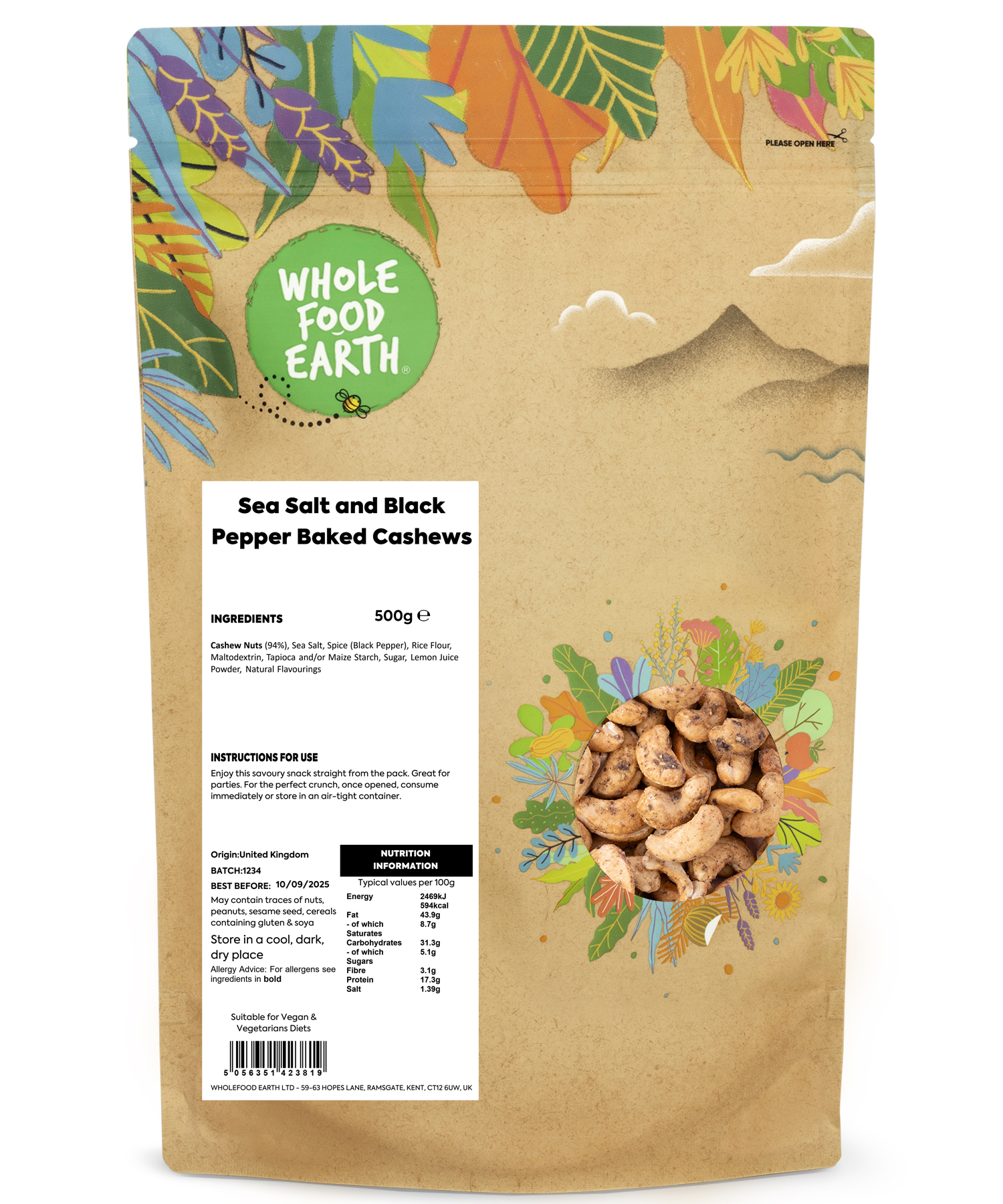 Baked cashews from Whole Food Earth seasoned with sea salt and black pepper, in a 500g package, showing salted, peppered nuts.