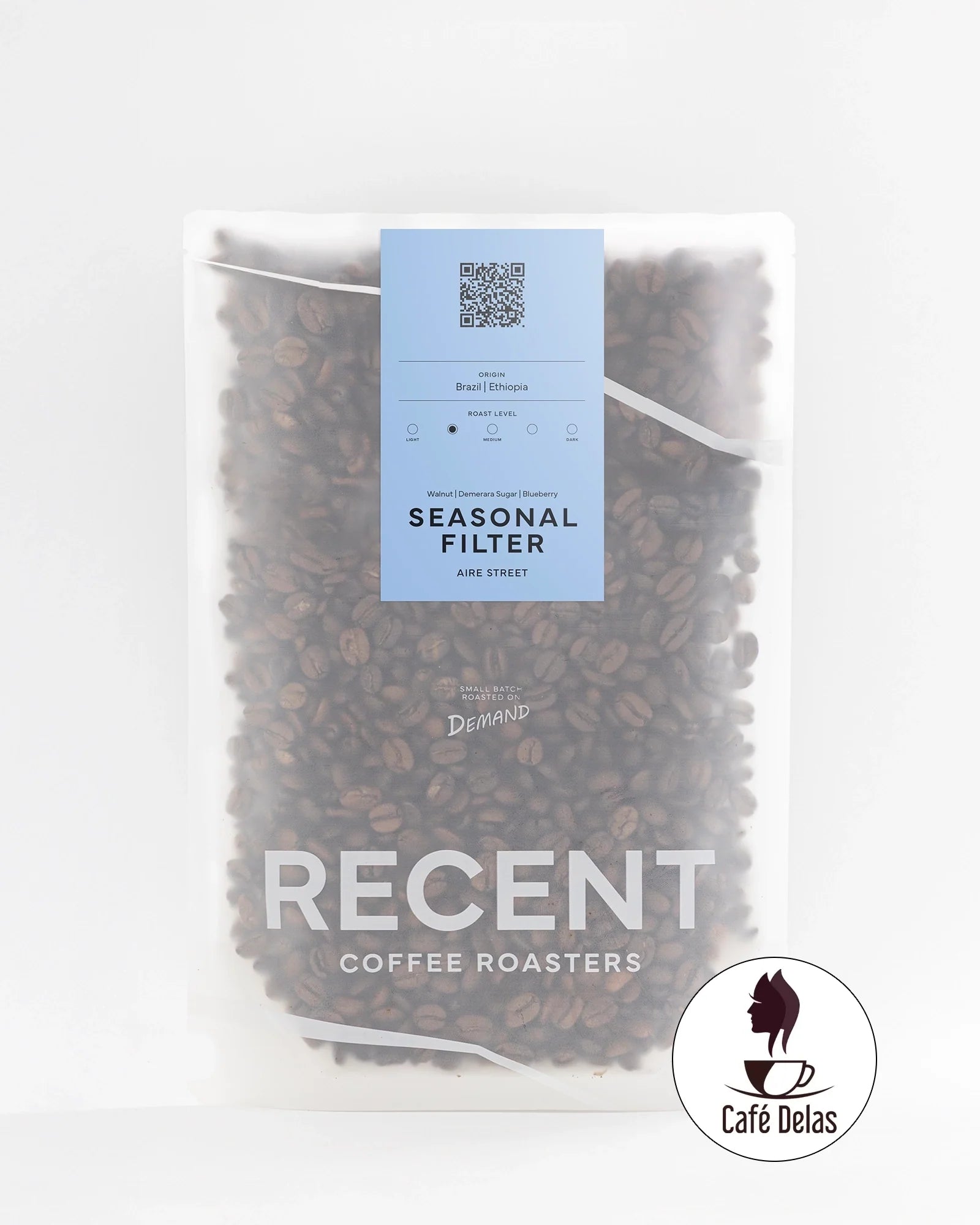 Recent Beans Aire Street Blend Light Medium Roast Coffee in seasonal packaging, featuring fresh roasted coffee beans.