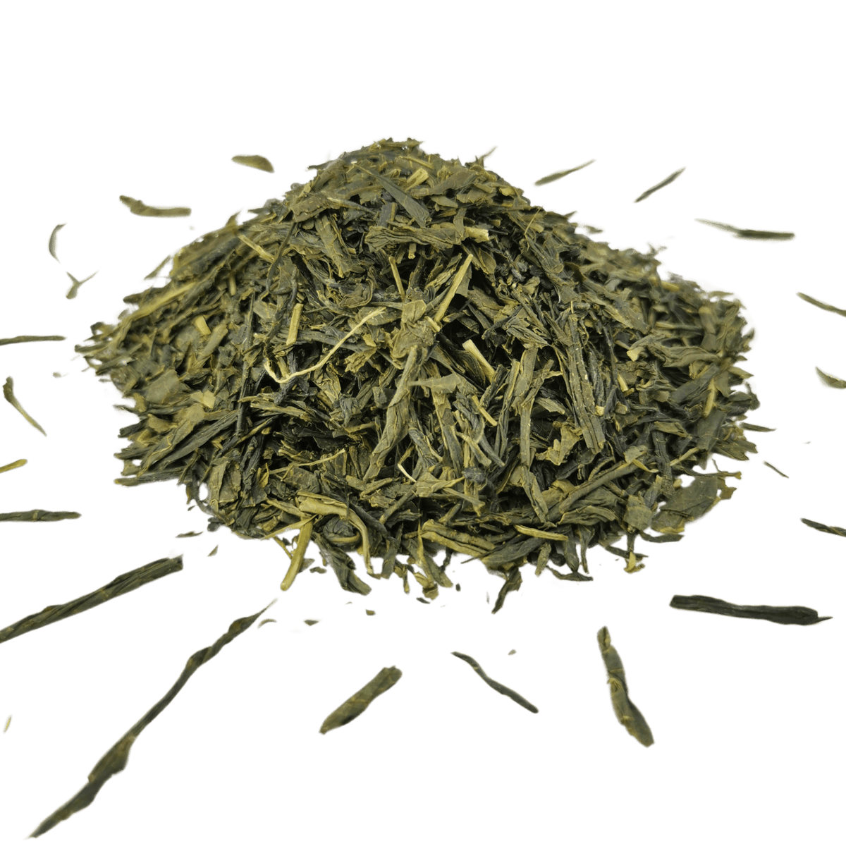 Loose leaf green Sencha tea from Porter Hill Tea Company, vibrant green tea leaves in a clear container.