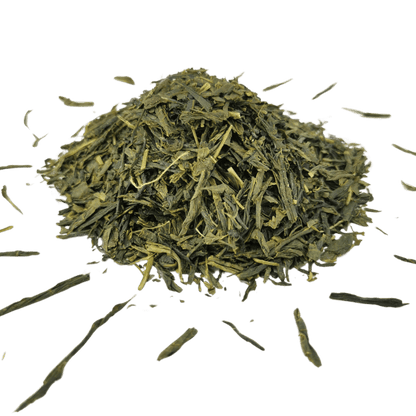 Loose leaf green Sencha tea from Porter Hill Tea Company, vibrant green tea leaves in a clear container.