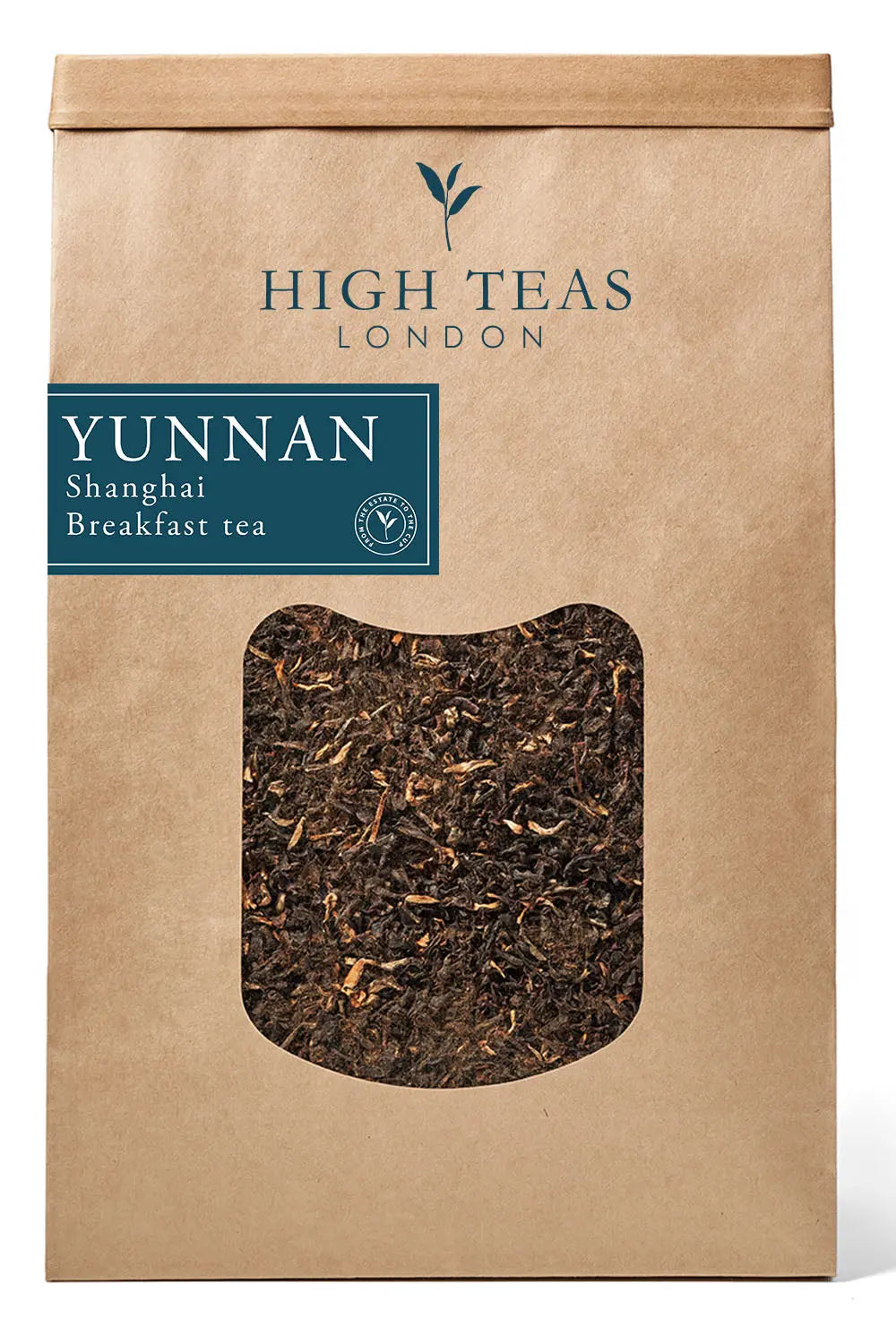 Loose leaf Yunnan Imperial "Gold Tip" Shanghai Breakfast Tea by High Teas, showcasing golden-tipped tea leaves in a clear container.