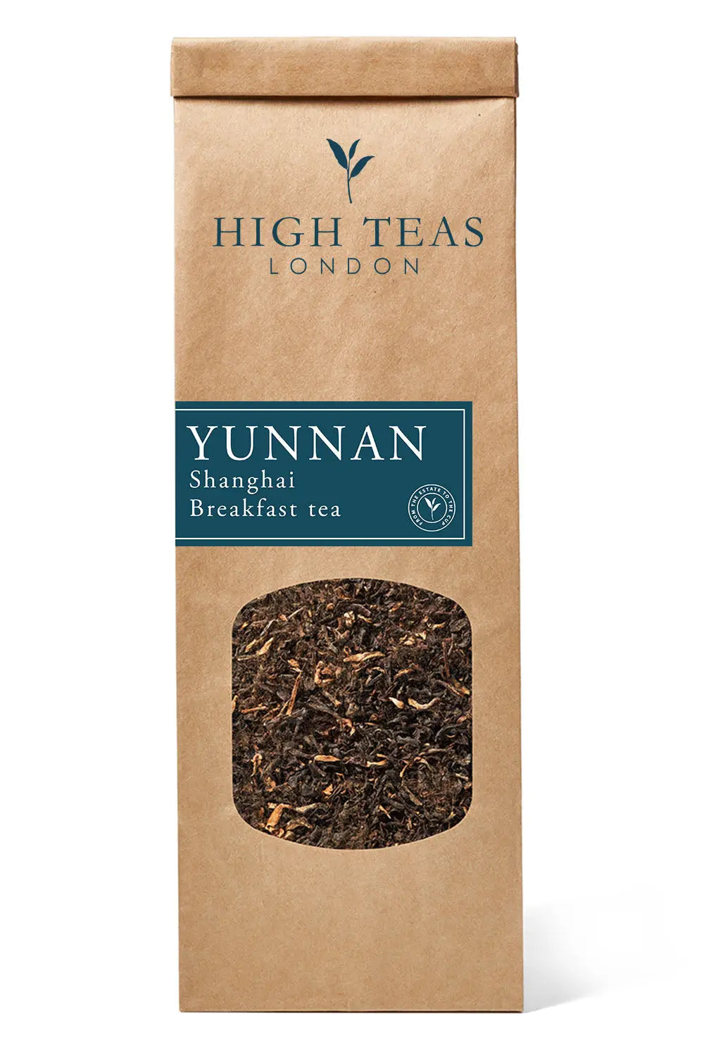 Loose leaf Yunnan Imperial "Gold Tip" Shanghai Breakfast Tea by High Teas, featuring golden tips and rich, aromatic tea leaves.
