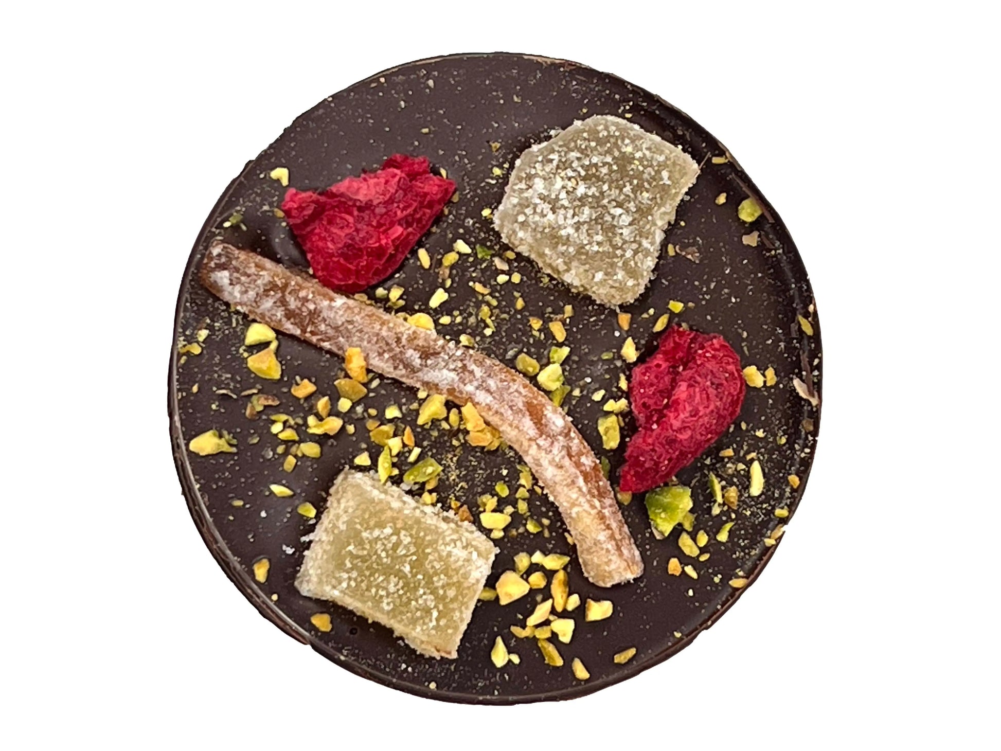 Dark chocolate mendiant from Gorvett & Stone featuring chocolate-covered nuts and dried fruits on a white background.