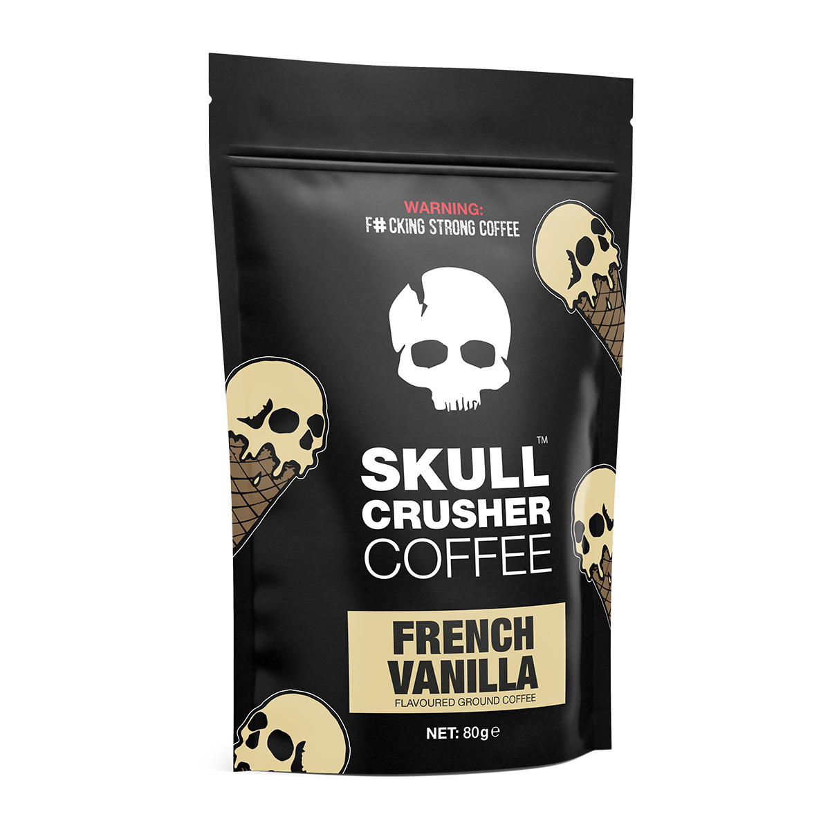 Ground French Vanilla coffee by Skull Crusher Coffee in an 80g package, featuring a rich, creamy vanilla flavor in a stylish bag.