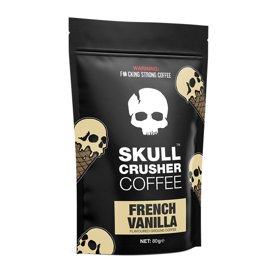 Ground French Vanilla coffee by Skull Crusher Coffee in an 80g package, featuring a rich, creamy vanilla flavor in a stylish bag.