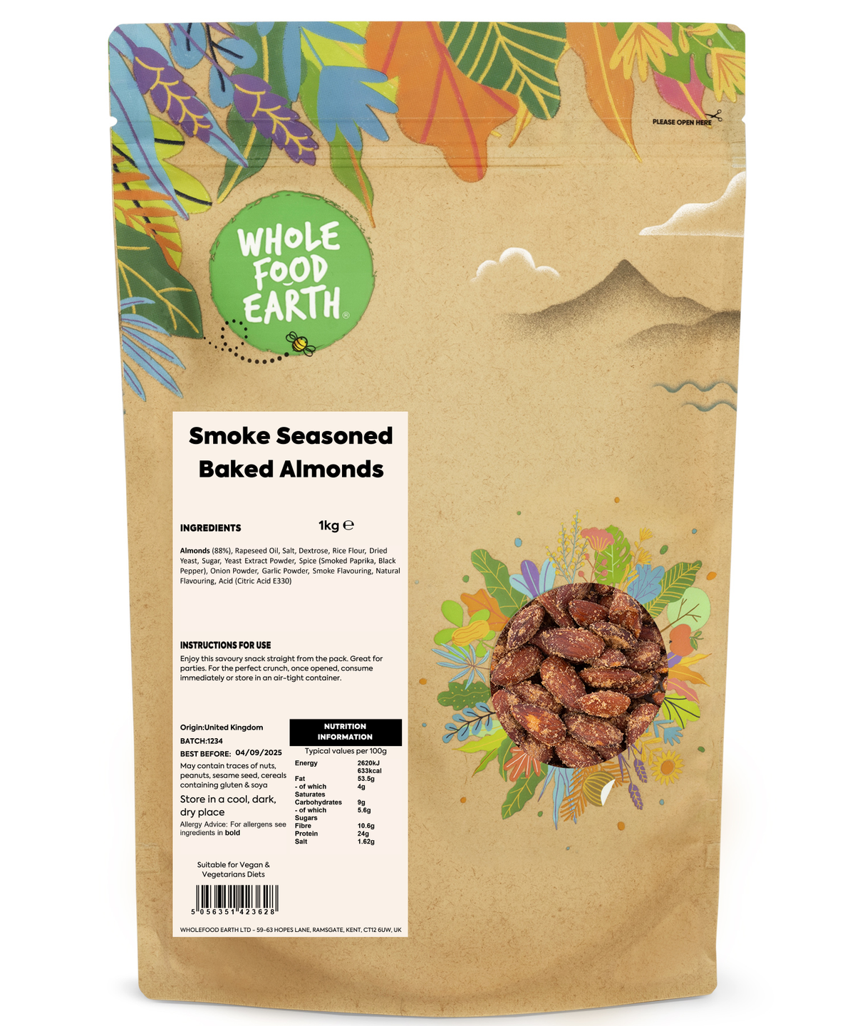 Whole Food Earth smoked seasoned baked almonds in a 1kg package, showing crispy, flavorful nuts with smoky seasoning.