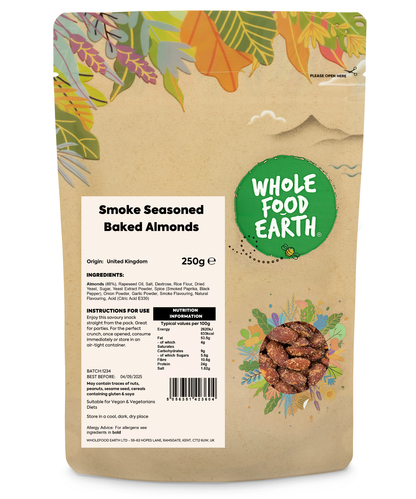 Smoked seasoned baked almonds from Whole Food Earth, showing a close-up of crunchy, flavorful almonds in a bowl.