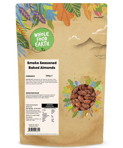 Smoked seasoned baked almonds from Whole Food Earth, showing a close-up of crunchy almonds coated with smoky spices in a 500g package.
