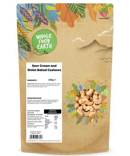 Bowl of Whole Food Earth sour cream and onion baked cashews, crunchy nuts with savory flavor, in a resealable bag.