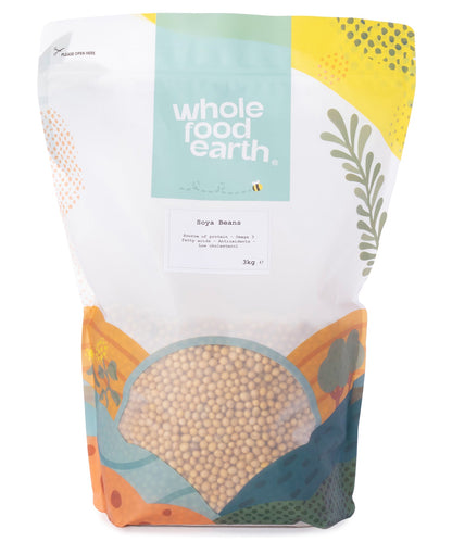 Whole Food Earth soy beans in a 3kg bag, fresh and dry soy beans for cooking and healthy recipes.