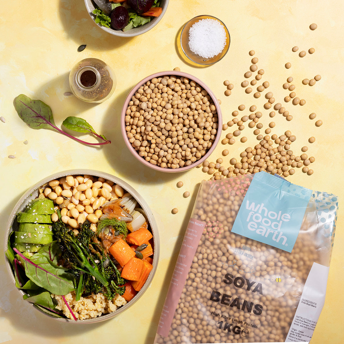 Whole Food Earth soya beans in a bowl, fresh and whole, used as beans and pulses in healthy cooking.