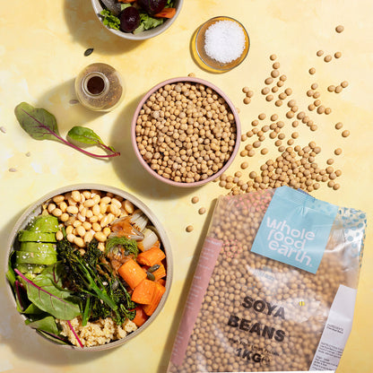 Whole Food Earth soya beans in a bowl, fresh and whole, used as beans and pulses in healthy cooking.
