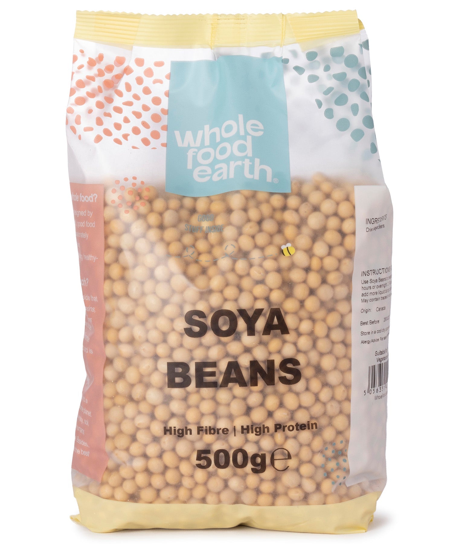 Whole Food Earth soybeans in a 500g package, fresh beans from the Beans & Pulses category, ready for cooking or baking.