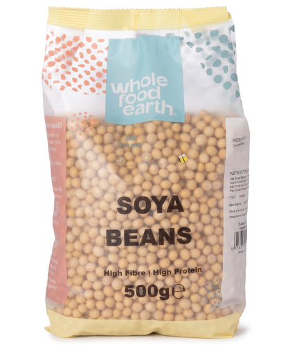 Whole Food Earth soybeans in a 500g package, fresh beans from the Beans & Pulses category, ready for cooking or baking.