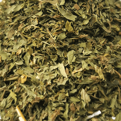 Fresh spearmint leaves and a cup of spearmint herbal tea from Porter Hill Tea Company on a wooden table.