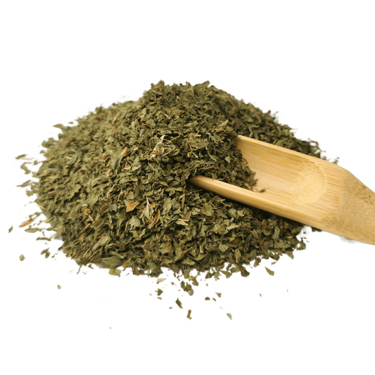 Loose leaf spearmint tea from Porter Hill Tea Company, vibrant green mint leaves for fruit and herbal tea blends.