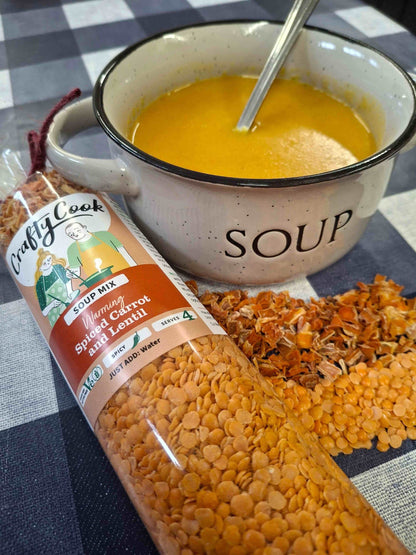 Crafty Cook - Spiced Carrot and Lentil Soup, eco-friendly quick and healthy meal in a tube cupboard restock monthly subs