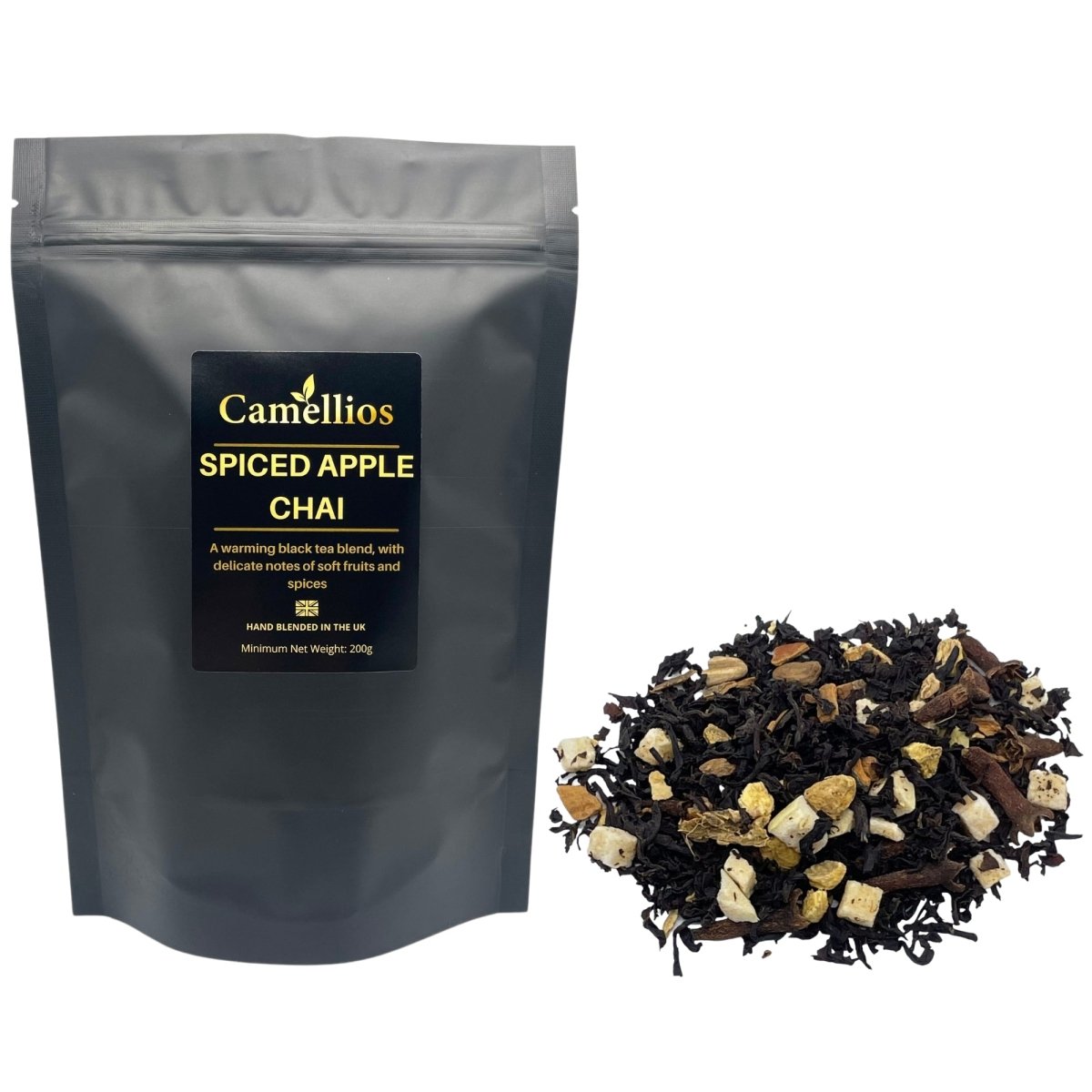Loose leaf Spiced Apple Chai tea by Camellios in a 200g package, showing the aromatic spiced apple infusion in a clear container.