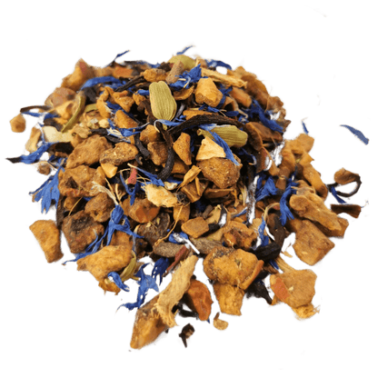 Spiced Apple fruit and herbal tea blend from Porter Hill Tea Company with dried apple slices and spices in a tea bag.