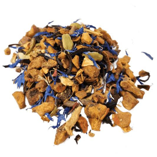 Spiced Apple fruit and herbal tea blend from Porter Hill Tea Company with dried apple slices and spices in a tea bag.