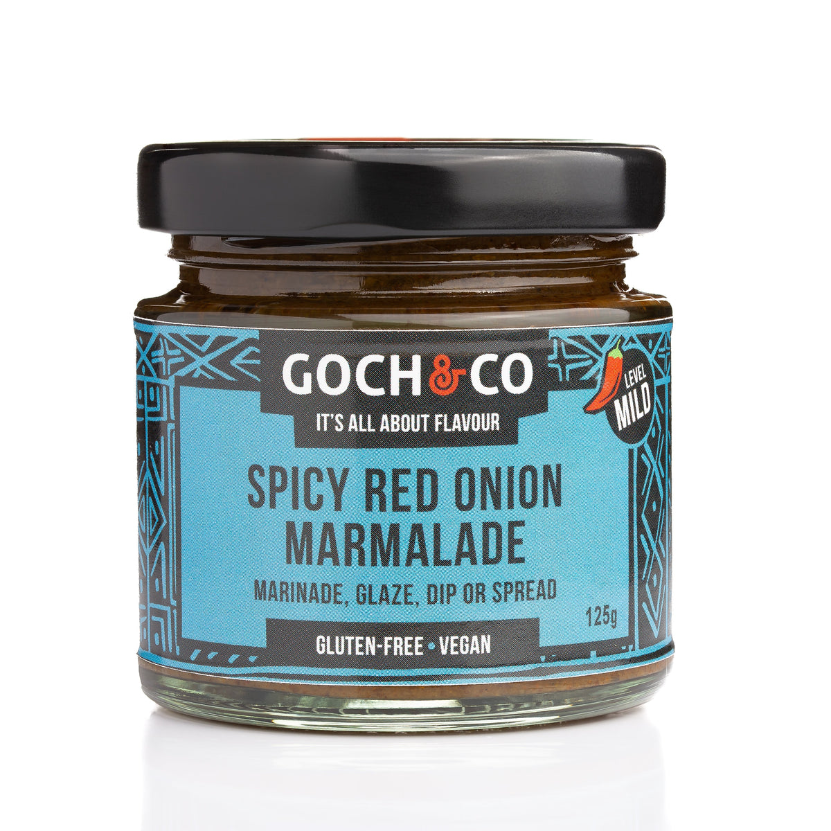 Spicy red onion marmalade by Goch & Co in a jar, showcasing its vibrant red color and chunky texture.