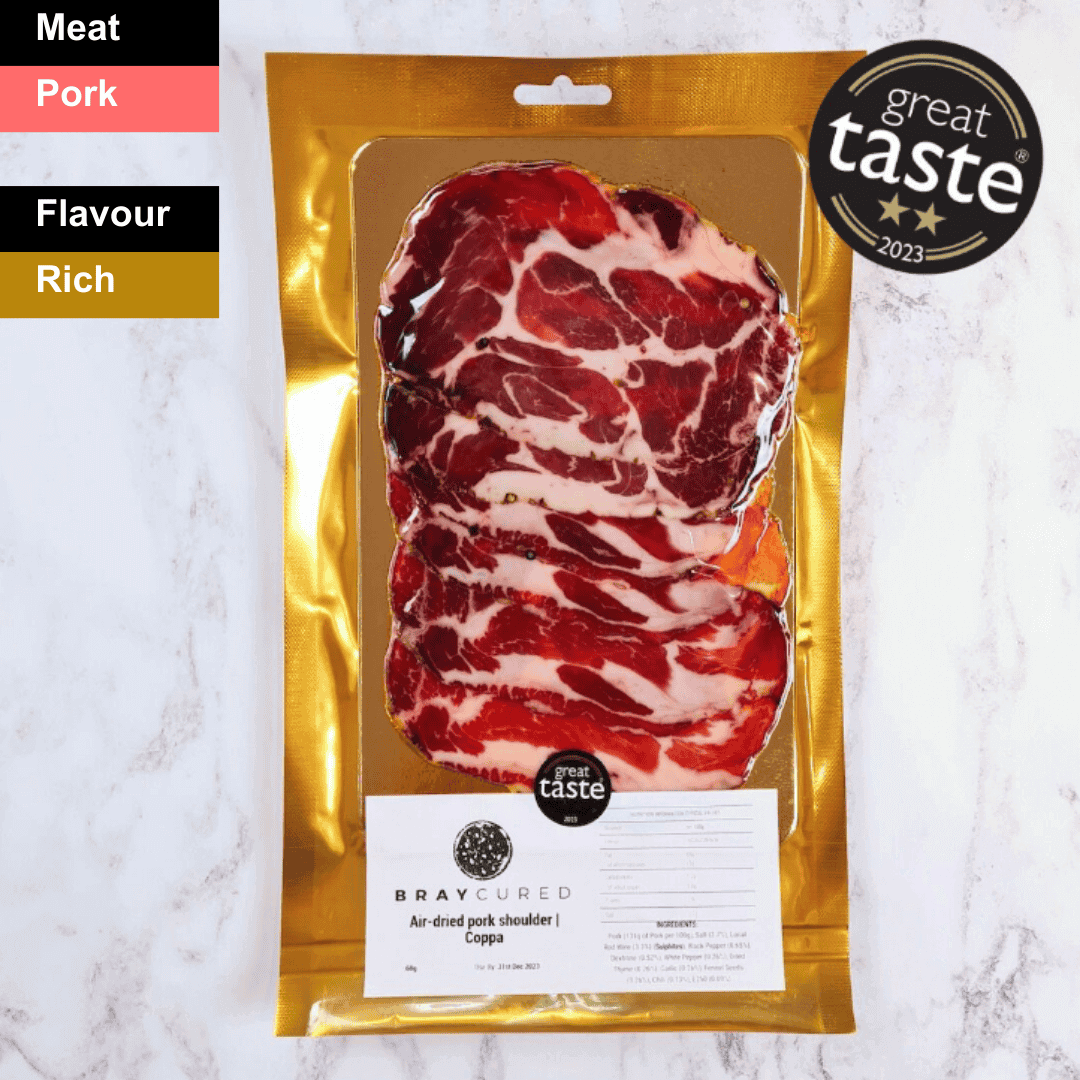 Thin slices of spicy Bray Cured Air-Dried Coppa charcuterie arranged on a platter, highlighting its marbled texture and rich color.