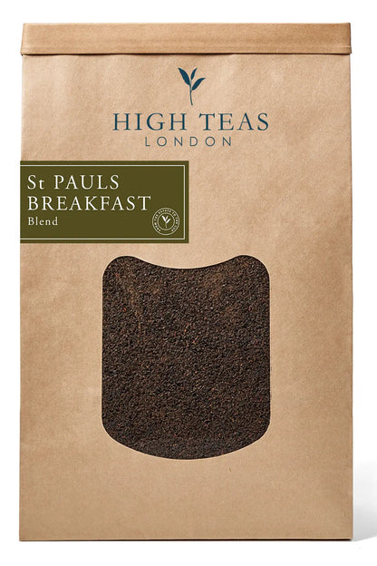 Loose leaf tea from High Teas' St Pauls, A Fine London Breakfast Blend, shown in a clear glass teapot with tea leaves.