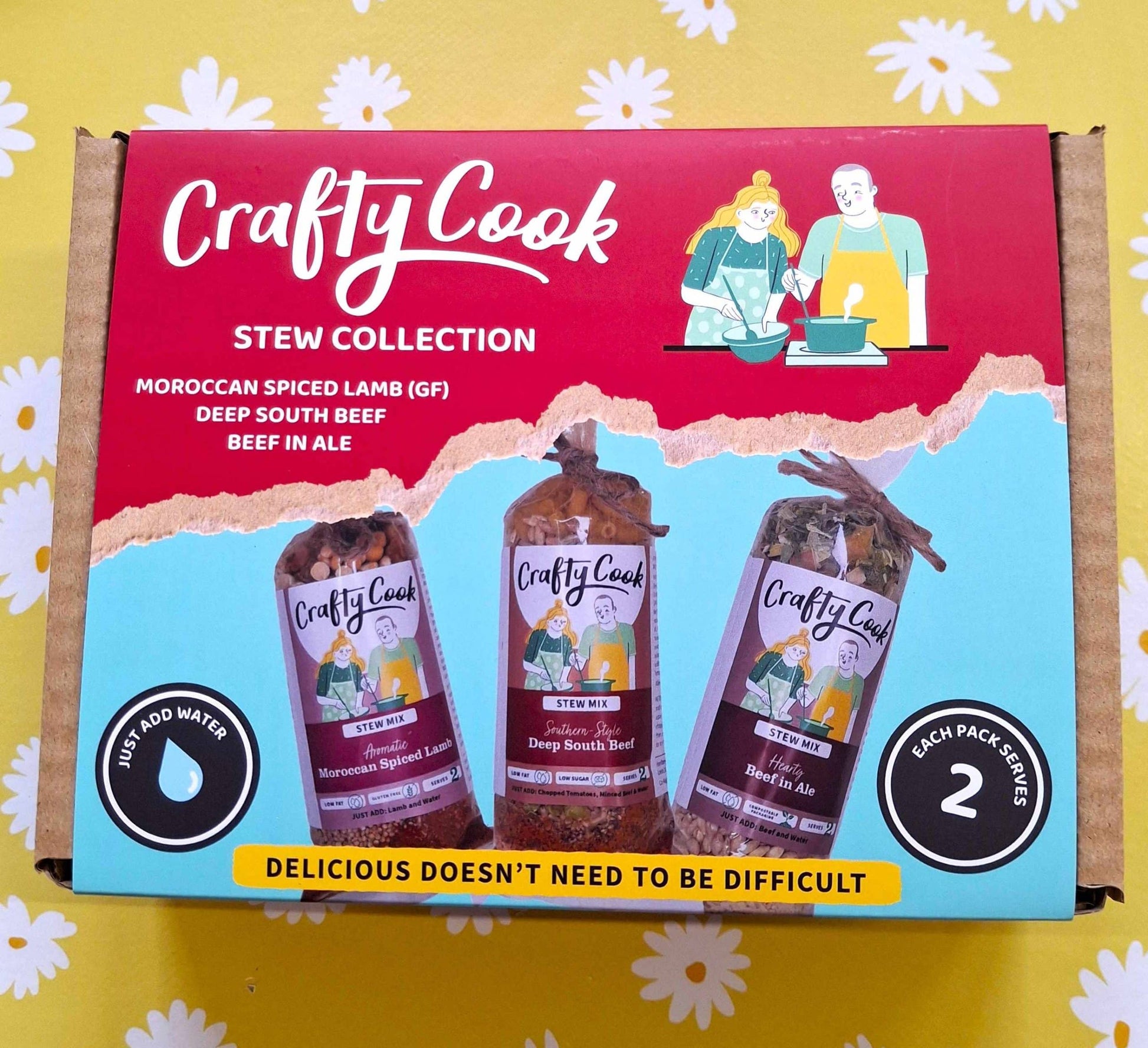 Crafty Cook Stew Collection featuring three 2-serving meal containers in a variety of stew dishes on a white background.