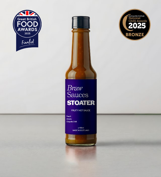 Braw Sauces Stoater Sauce bottle with label, showcasing the spicy condiment for grilling and dipping.