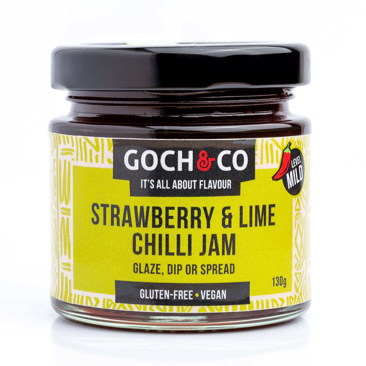 Jar of Goch & Co Strawberry & Lime Chilli Jam showing the colorful jam with fresh strawberries and lime slices.