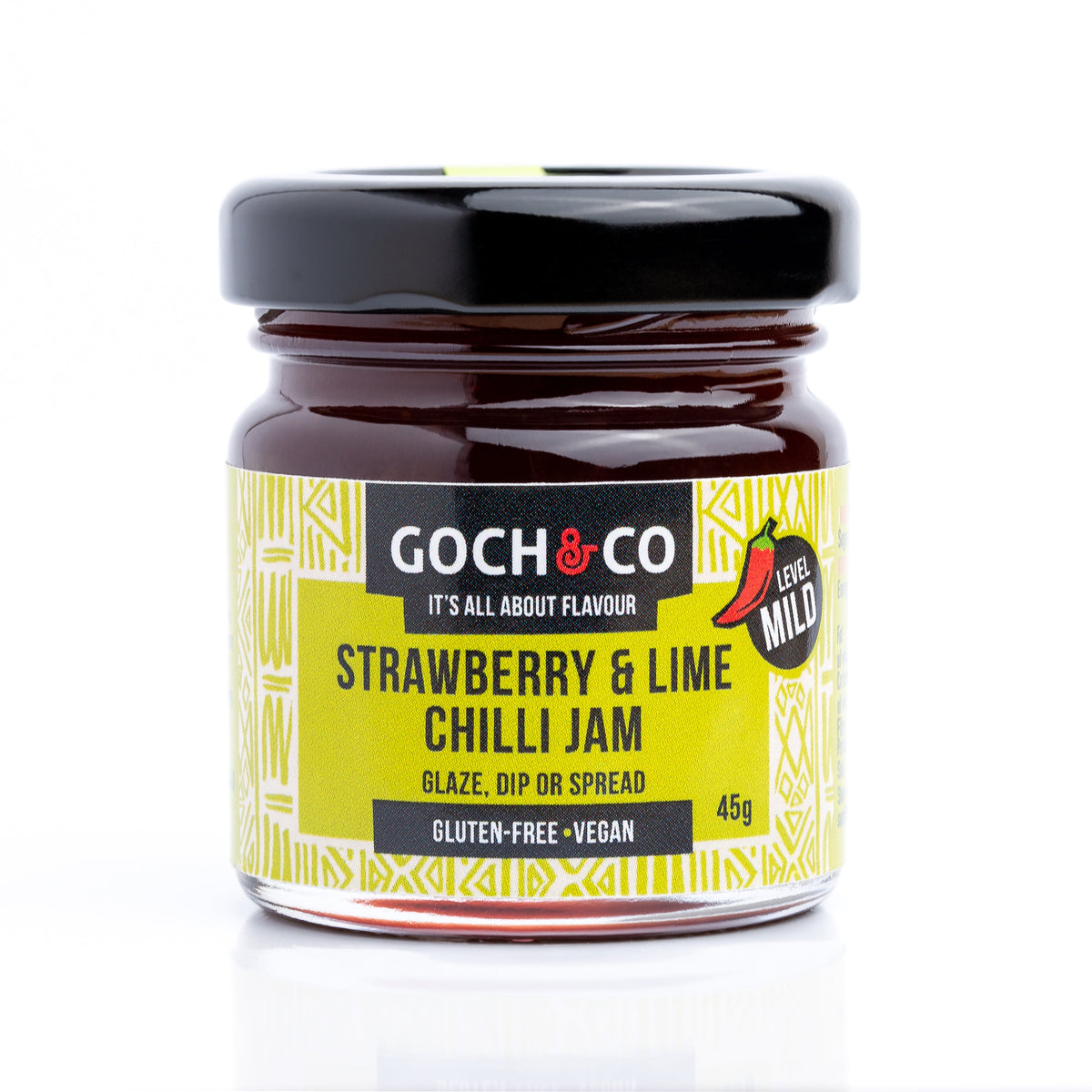 Goch & Co Strawberry & Lime Chilli Jam jar with vibrant fruit and chili ingredients, showcasing a colorful spread of the spicy sweet jam.