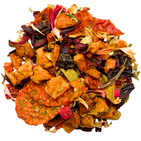 Loose leaf Strawberry Rhubarb herbal tea by Porter Hill Tea Company with vibrant red and green tea leaves and dried fruit pieces.