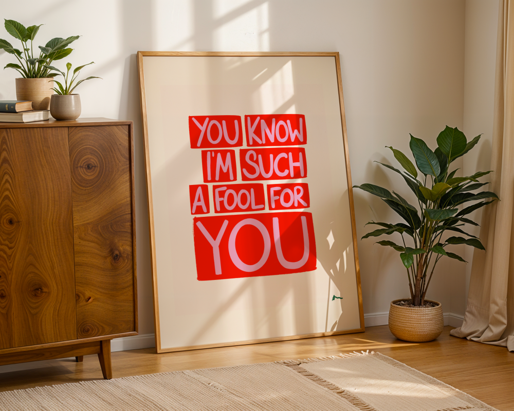 Red and pink maximalist print featuring lyrics from "You Know I'm Such a Fool For You" by The Cranberries, by Peak Prints.