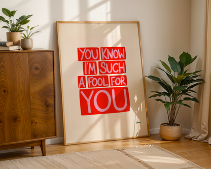 Red and pink maximalist print featuring lyrics from "You Know I'm Such a Fool For You" by The Cranberries, by Peak Prints.