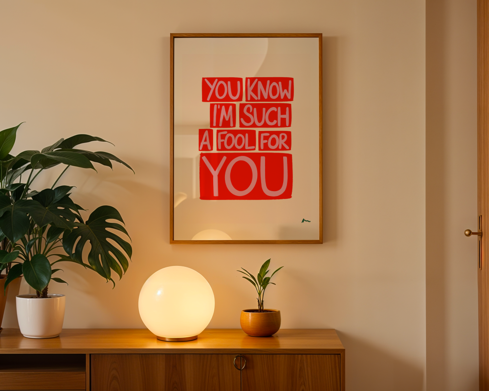 Red and pink print featuring lyrics from "You Know I'm Such a Fool For You" by The Cranberries, with romantic maximalist design by Peak Prints.