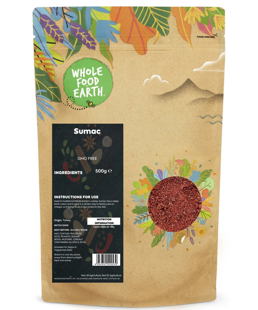 Whole Food Earth sumac spice in a 500g container, showing vibrant red-brown ground seasoning for culinary use.