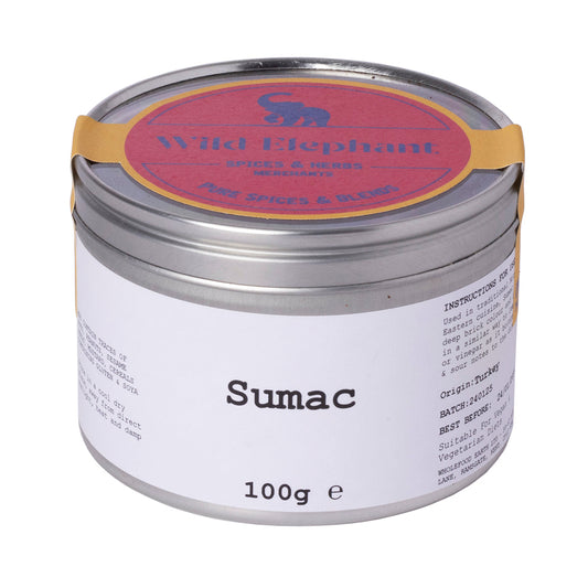 Wild Elephant Sumac 100g from Whole Food Earth, vibrant red dried spice with tangy, lemony flavor for culinary use.