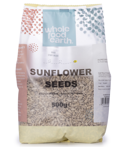 Whole Food Earth sunflower seeds, 500g package, natural nuts and seeds product with shelled sunflower seeds in a clear view.